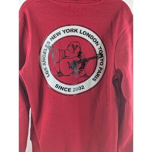 NWT True Religion Zip Hoodie – Men’s Medium Red Buddha Sweatshirt Double Sided